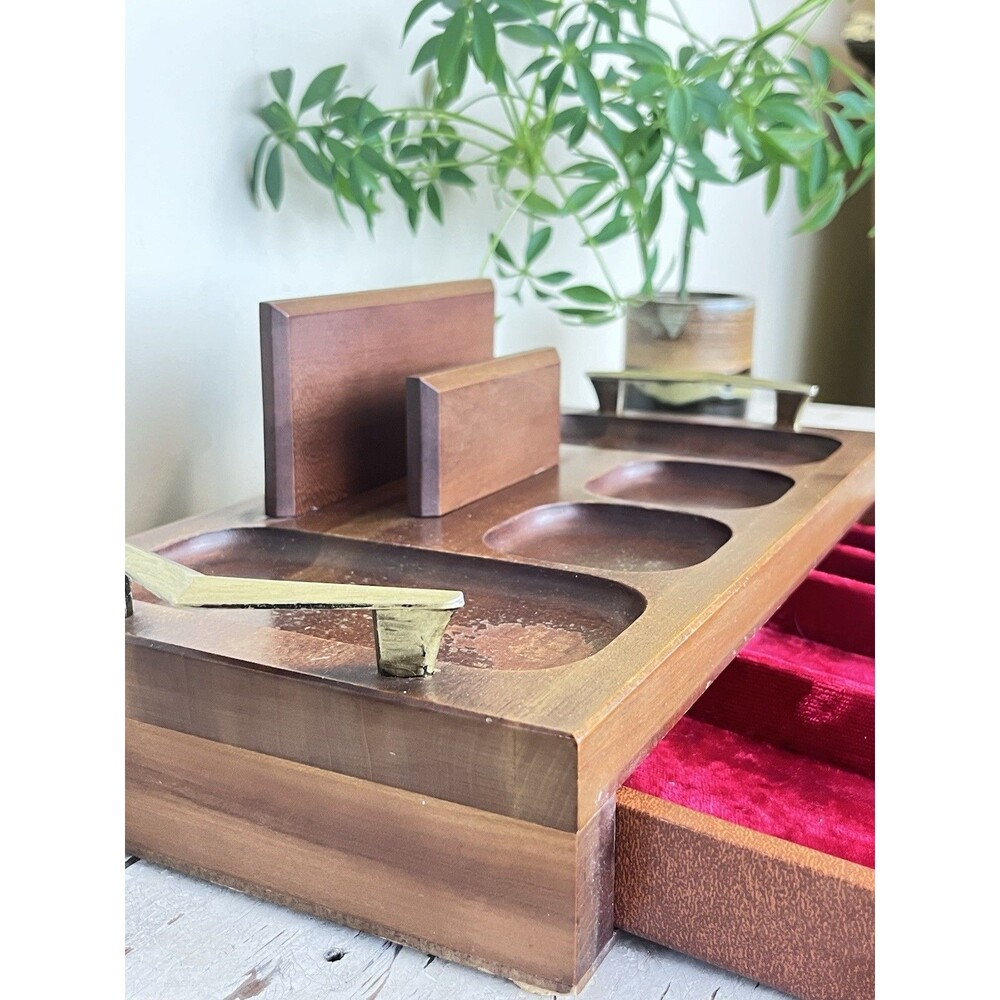 Vintage MCM Wooden Men’s Valet Organizer Red Velvet Drawer Jewelry Watches Retro